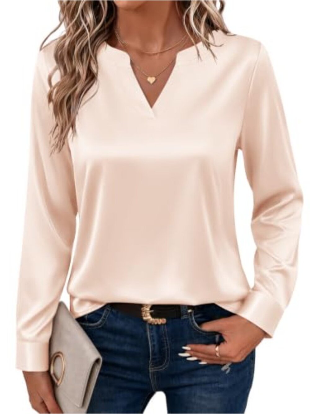 Zeagoo Satin Blouse Long Sleeve V-Neck Top Semi-Formal Office Shirt